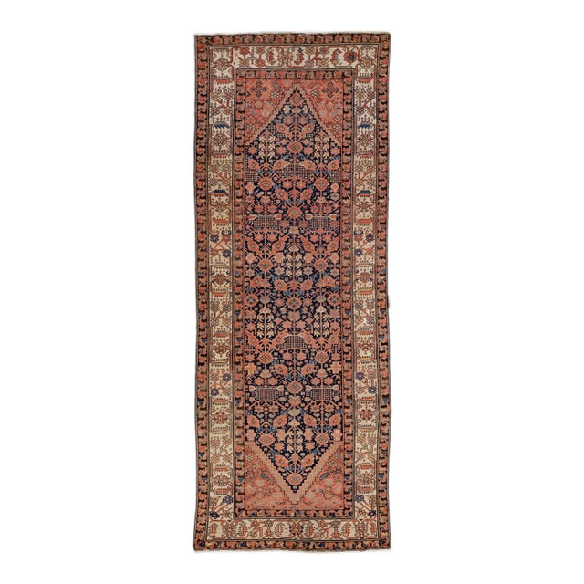 Antique Malayer Handmade Allover Motif Blue and Rust Wool Runner For Sale