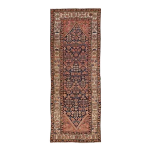 Antique Malayer Handmade Allover Motif Blue and Rust Wool Runner