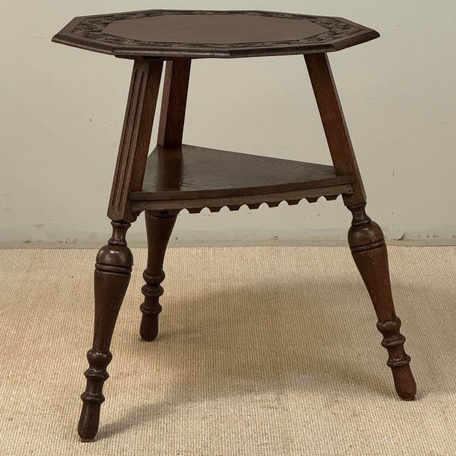 Antique English Nine Sided Carved Oak Spool Leg Occasional Table For Sale - Image 4 of 17