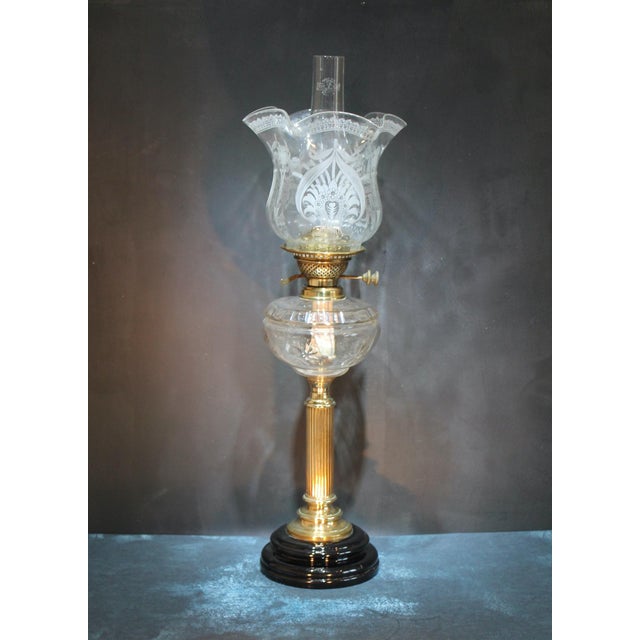 Art Nouveau Oil Lamp with Hand Blown, Etched Glass Shade and Duplex Burner, 1890s For Sale - Image 13 of 13