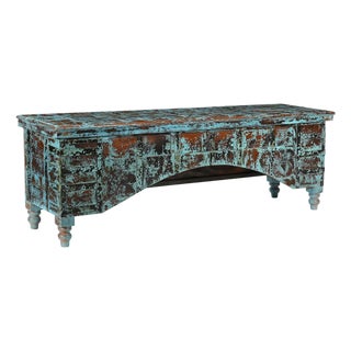 1930s Rustic Farmhouse Blue Reclaimed Wood Storage Bench For Sale
