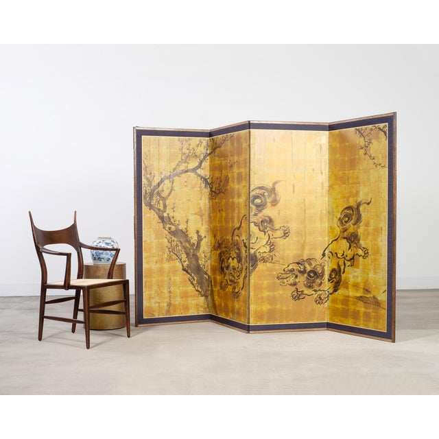 Fascinating Japanese Showa period four-panel folding byobu screen depicting a pair of Karashishi foo dogs or lions...