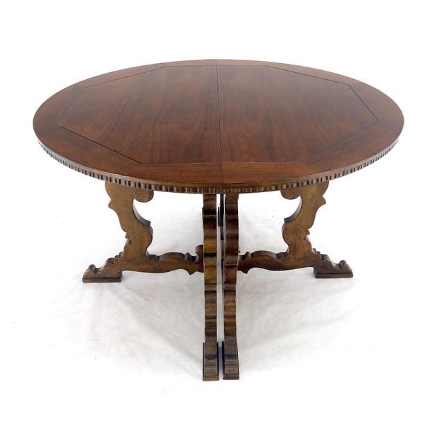 1970s Baker Round Walnut Spanish Colonial Style Dining Table 2 Extension Boards For Sale - Image 5 of 12