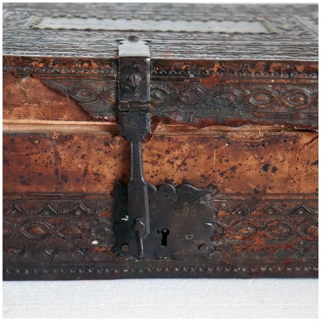 Spanish Baroque Tooled Leather And Iron Mounted Pine Desk / Document Box For Sale - Image 12 of 13