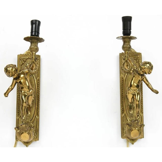French Pair Fine Italian Brevettato Cherub Brass Lighting Sconces For Sale - Image 3 of 11
