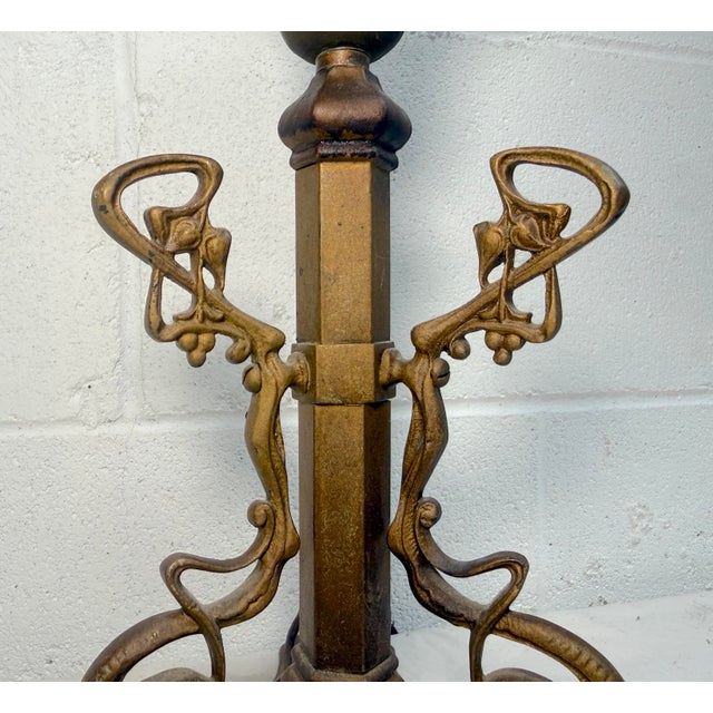 Antique Ornate Early 1900's Bronze Glass Art Nouveau Electric Table Lamp Light For Sale - Image 4 of 11
