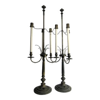 Pair of Antique Solid Brass Candelabra Lamps Electric For Sale