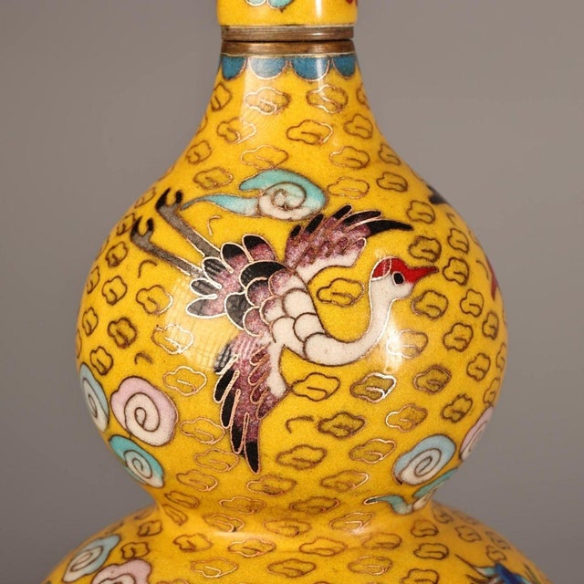 Late 20th Century Vintage Chinese Yellow Cloisonné Dragon & Phoenix Double-Gourd Vase - 1300g For Sale - Image 5 of 10