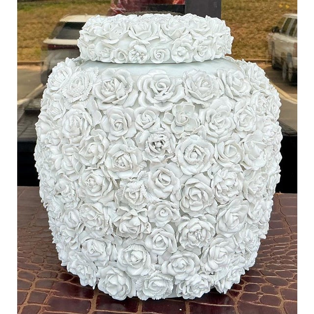 Chinese Export Blanc De Chine Style Tozai Porcelain Ginger Jar W/ Applied Roses For Sale - Image 4 of 7