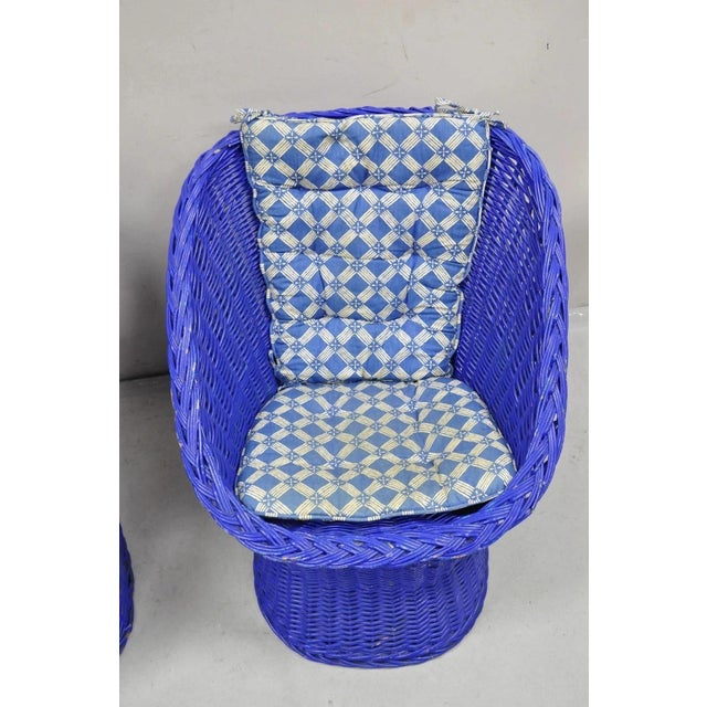 Mid 20th Century Vintage Mid Century Modern Blue Painted Wicker Rattan Pod Club Chairs - A Pair For Sale - Image 5 of 12