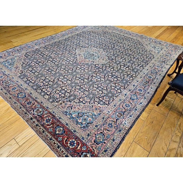 Antique Persian Tabriz Mahi Rug, Hand-Knotted Wool, Herati Geometric Pattern, Navy & Pale Red, 9x12 For Sale - Image 14 of 15