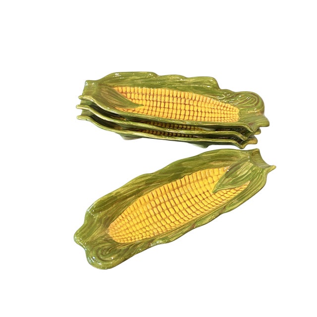 Late 20th Century Vintage Majolica-Style Corn on the Cob Dishes Hand-Painted Ceramic Serving Plates Trompe L’Oeil - Set of 4 For Sale - Image 5 of 9