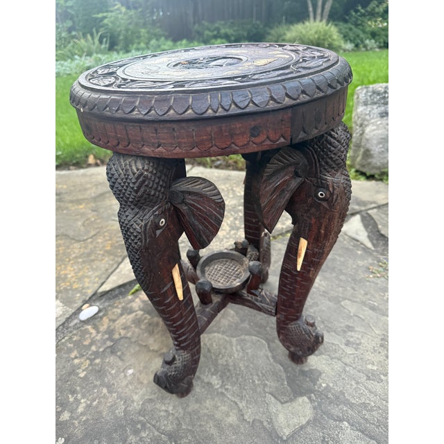 Antique Anglo-Indian Hand-Carved Elephant Side Table With Bone Inlay For Sale - Image 11 of 18