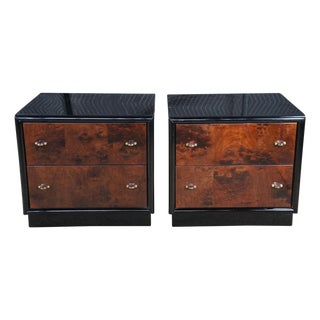 1980s Henredon Scene III Art Deco Walnut Burl Black Lacquer Nightstands Bedside Tables, Pair For Sale