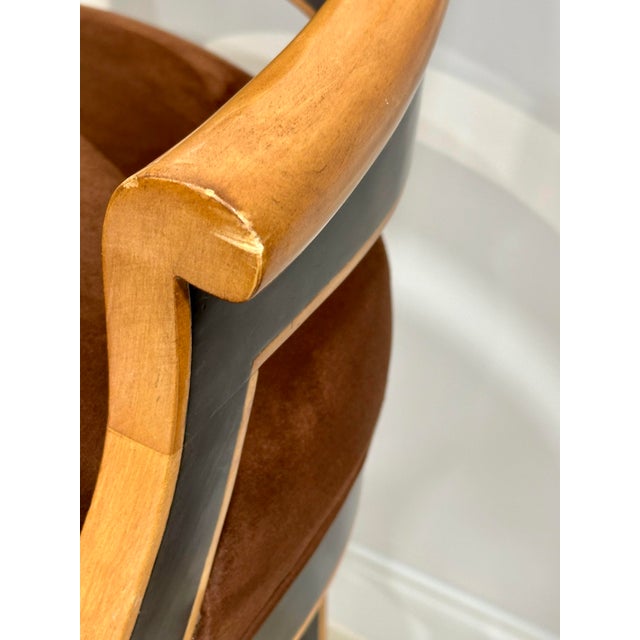 2010s Pair of Gregorius- Pineo Two-Tone Ebonized & Natural Wood Bar Stools With Brown Ultrasuede For Sale - Image 5 of 12