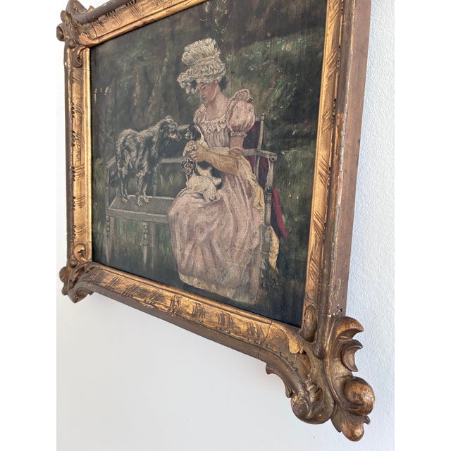19th Century Antique Original Oil Painting of Woman With Dogs in a Garden For Sale - Image 5 of 16
