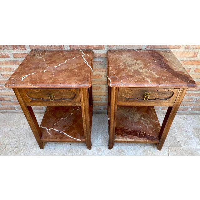 Art Nouveau Early 20th Century Walnut Nightstands with Marble, 1940s, Set of 2 For Sale - Image 3 of 18