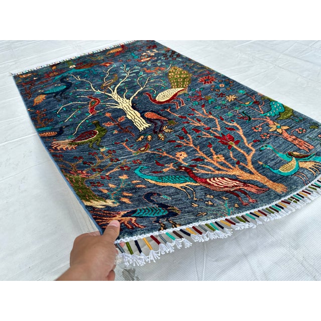 Persian Slate Blue Persian Peacock Tree of Life Hand-Knotted Wool Rug - 3'3" X 5'0 For Sale - Image 3 of 11