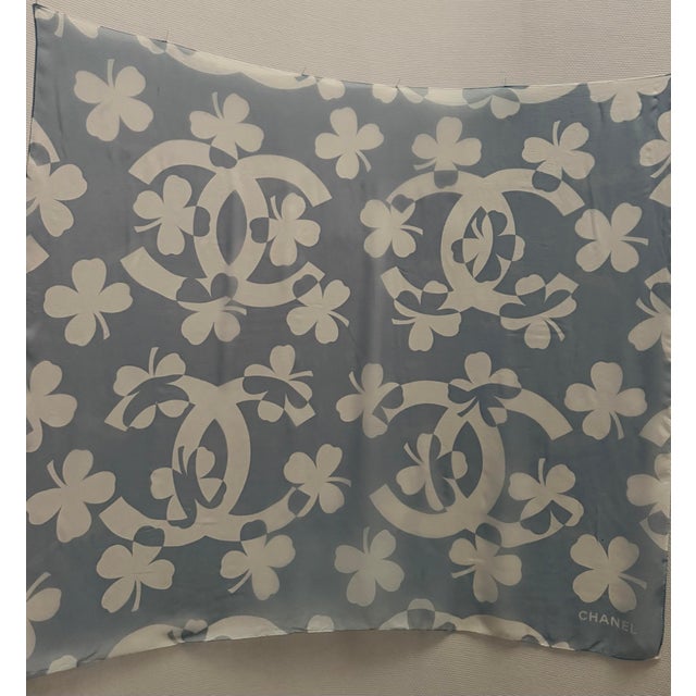 French Chanel Large Silk Chiffon Scarf Leafs Clovers For Sale - Image 3 of 12