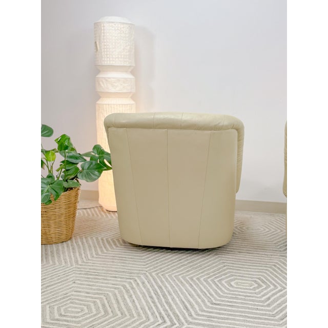 Vintage Cream Leather MCM Postmodern Swivel Glider Chair Pair 28" Wide For Sale - Image 11 of 15