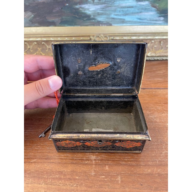 Likely Antique Toleware Painted Tin Lock Box With Key, 19th Century For Sale - Image 10 of 10
