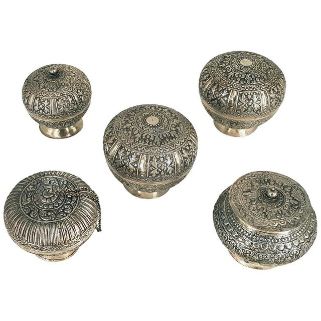 Indonesian Repoussé Silver Globular Vessels with Lids, Set of 5 For Sale - Image 6 of 6