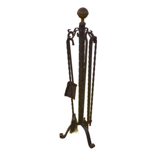 Wrought Iron Fireplace Tool Set with Brass Knob, Set of 5 For Sale