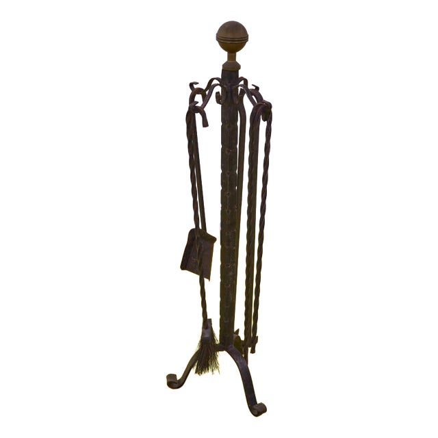 Wrought Iron Fireplace Tool Set with Brass Knob, Set of 5 For Sale