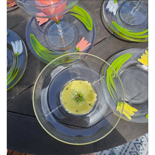 Vintage Hand-Painted Shrimp Cocktail / Dessert Set – Floral Tulip Glasses & Plates (Set for 12) Beautiful vintage hand-...