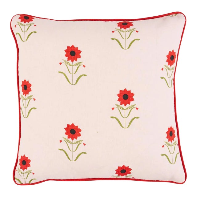 Schumacher x Peg Norriss Forget Me Nots Lumbar Pillow In Red on Pink For Sale
