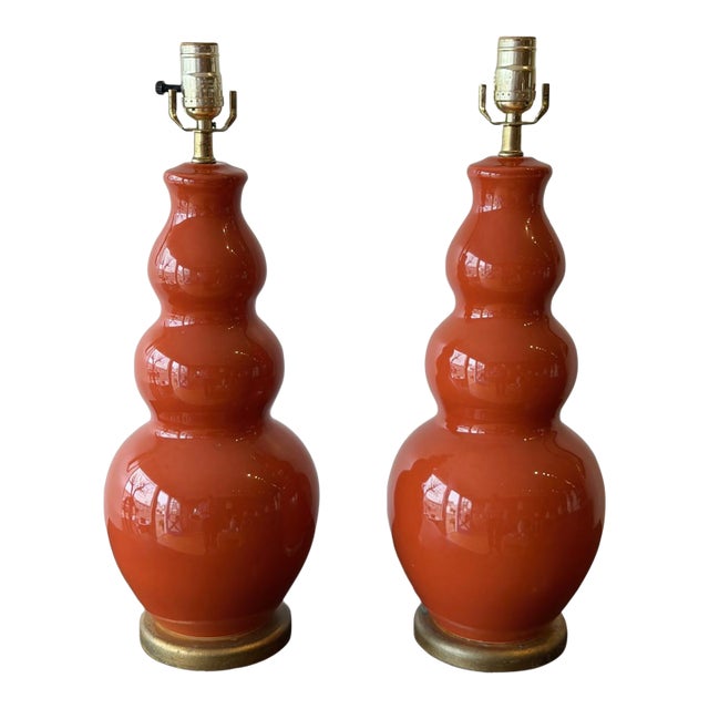 Vintage Festoni Italian-Style Ceramic Gourd Lamps in Paprika Glaze - a Pair For Sale