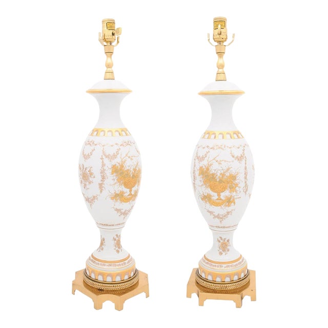 Pair of Gilt Porcelain Regency Lamps by Marbro Lamp Co. - 1950s For Sale