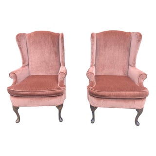 Mid 20th Century Rose Gold Pink Crushed Velvet Wingback Chairs- A Pair For Sale
