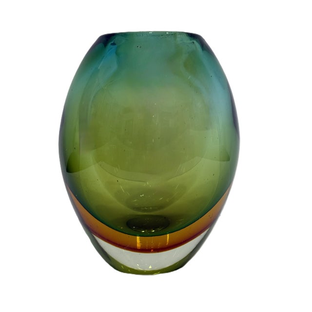 For your consideration substantial vintage Murano Vase attribute to Flavio Poli. Green and amber