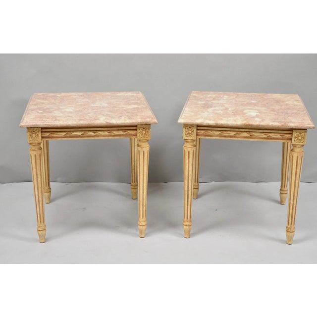 Vintage French Louis XVI Style Pink Marble Top Low Drinks Side/End Tables with Cream Painted Wooden Bases - a Pair. Circa...