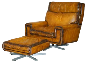 Set of Whisky Brown Leather Swivel Armchair & Ottoman, 1970s