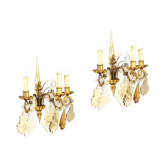 Italian Gold Leaf Metal and Faceted Crystal Sconces with Stars and Obelisks Decor, 1930s, Set of 2 For Sale - Image 3 of 13