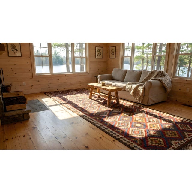 1890s Antique Rustic Red Allover Geometric Native American Navajo Flat Weave Rug For Sale - Image 10 of 12