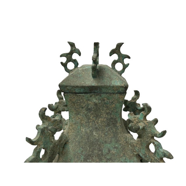 Green Gray Metal Carved Ritual Fengshui Vessel Display Art For Sale - Image 11 of 11