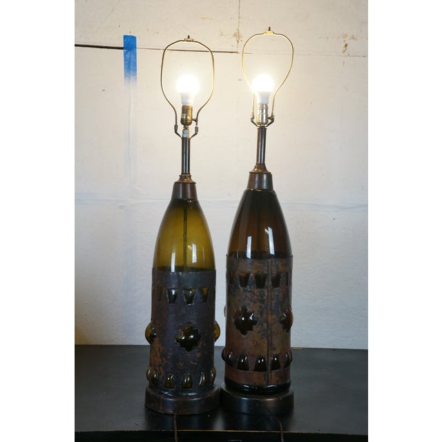 Late 20th Century 2 Rare Frederick Cooper Hand Blown Brutalist Glass Wine Bottle Lamps 42" For Sale - Image 13 of 18