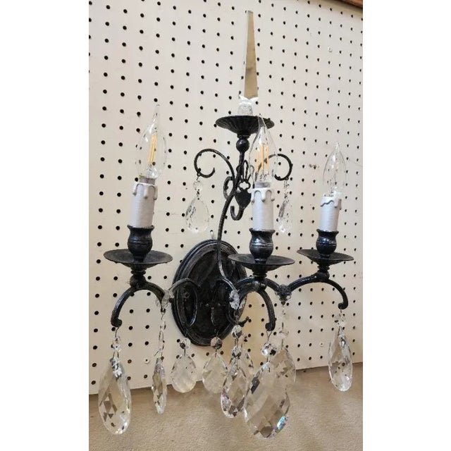 Black Schonbek Nouveau Three Light Crystal Sconces Pair For Sale - Image 8 of 8