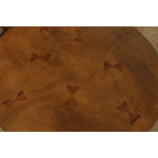 Brown Mid-Century Modern Round Burl Wood and Brass Bow Tie Inlaid Side Tables - a Pair For Sale - Image 8 of 13