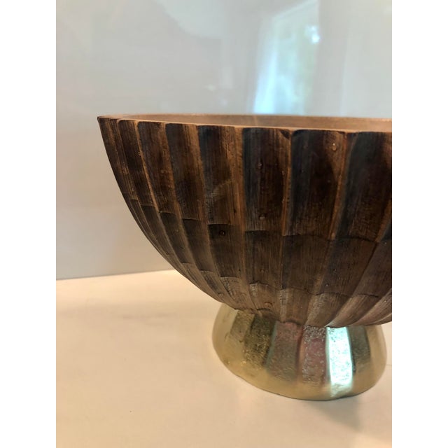 1970s Fluted Wood on Gold Pedestal Bowl For Sale - Image 4 of 11