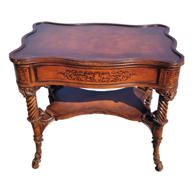 1970s Walnut Inlaid Hallway Sofa Table Leather Top Carved Legs For Sale