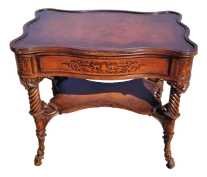 1970s Walnut Inlaid Hallway Sofa Table Leather Top Carved Legs