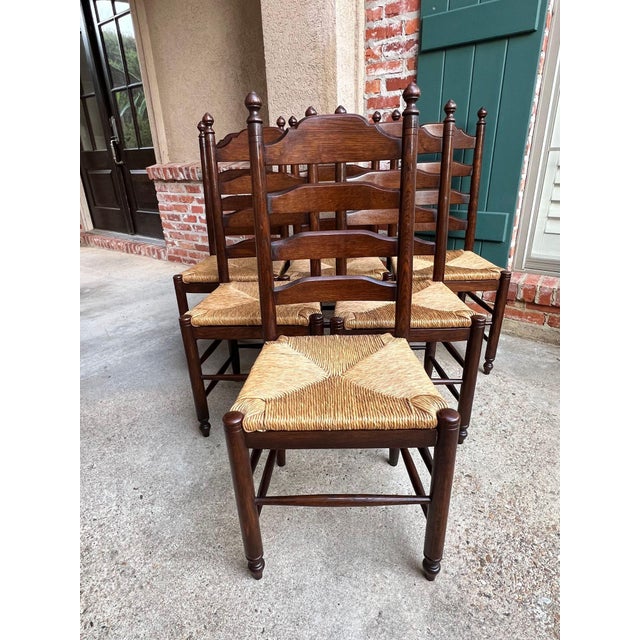 Vintage English Dining Chairs Set 6 Oak Ladder Back Rush Seat Woven For Sale - Image 4 of 18