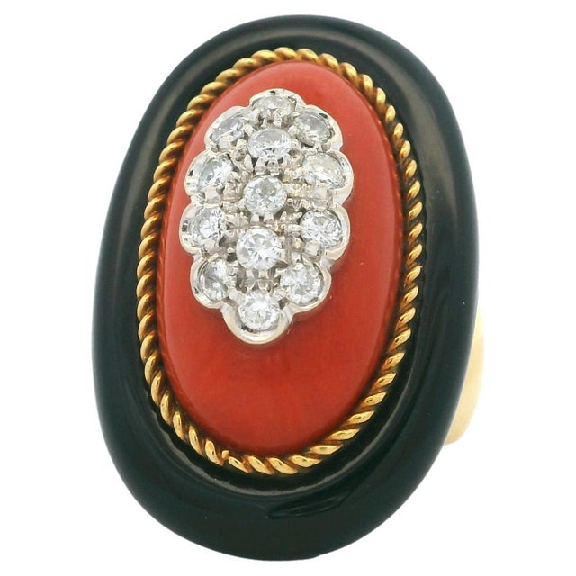 1970s Italian 18K Yellow Gold Coral, Diamond, and Black Onyx Cocktail Ring For Sale