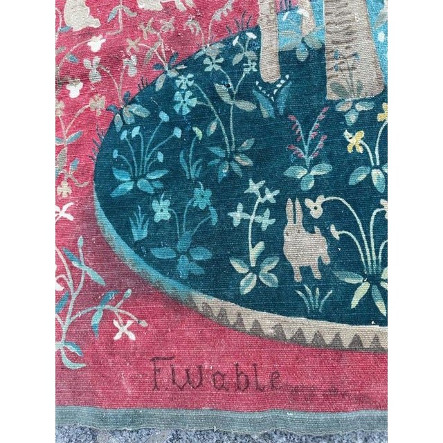 Textile Antique French Screen Printed Tapestry Lady and Licorn, 1950s For Sale - Image 7 of 18