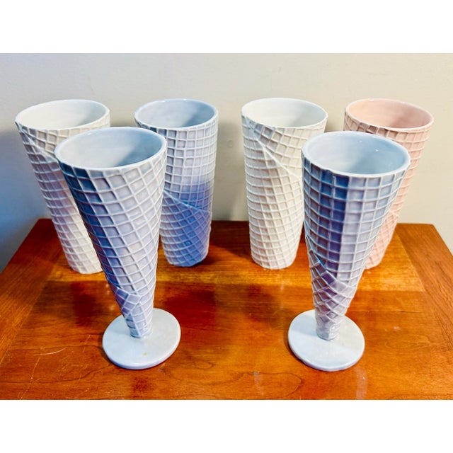 Set of six Italian pottery ice cream cone parfait serving glasses in the form of waffle cones. The set includes two footed...