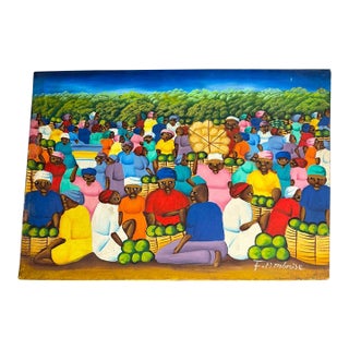 Vintage Haitian Folk Art Market Scene Oil Painting Signed F. Ambroise For Sale
